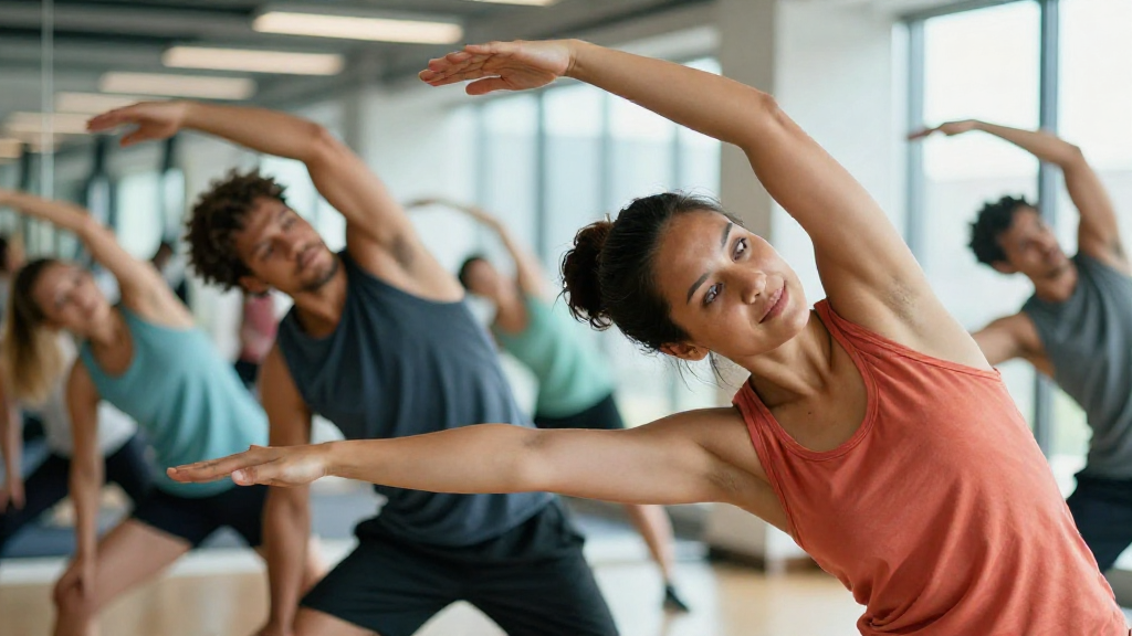 Dynamic close‑up of a diverse group of gym members stretching together in a sunlit studio, soft bokeh background, vibrant colors, and a sense of motion