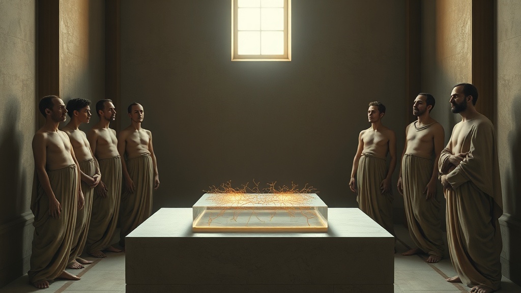 Allegorical tableau of a chip with cultured neurons on an altar