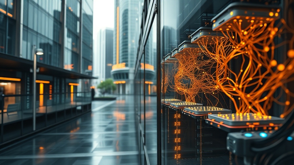 Exterior view of a biohybrid data center with glowing neuronal modules