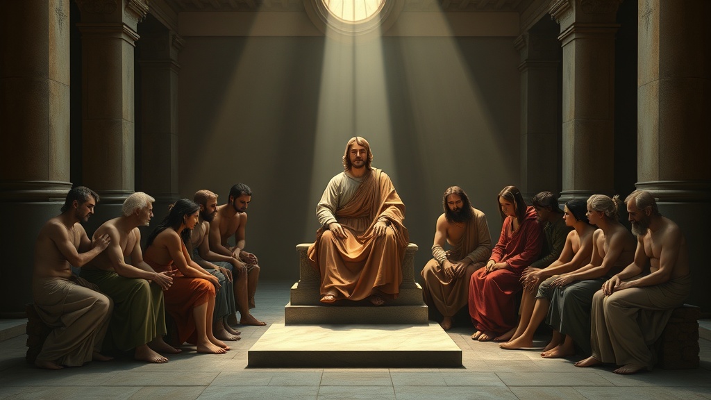 A contemplative religious tableau suggesting impartial judgment