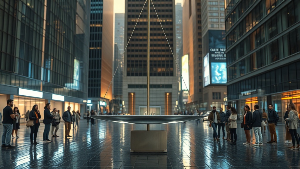 A modern plaza sculpture symbolizing balance and public deliberation