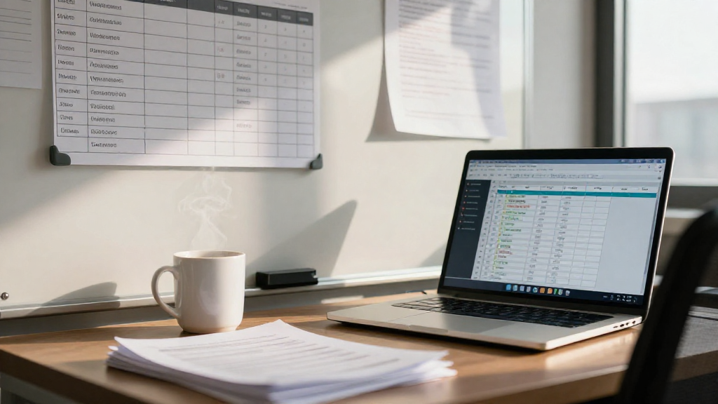 Busy event planning office with vendor schedules, spreadsheets, and contracts