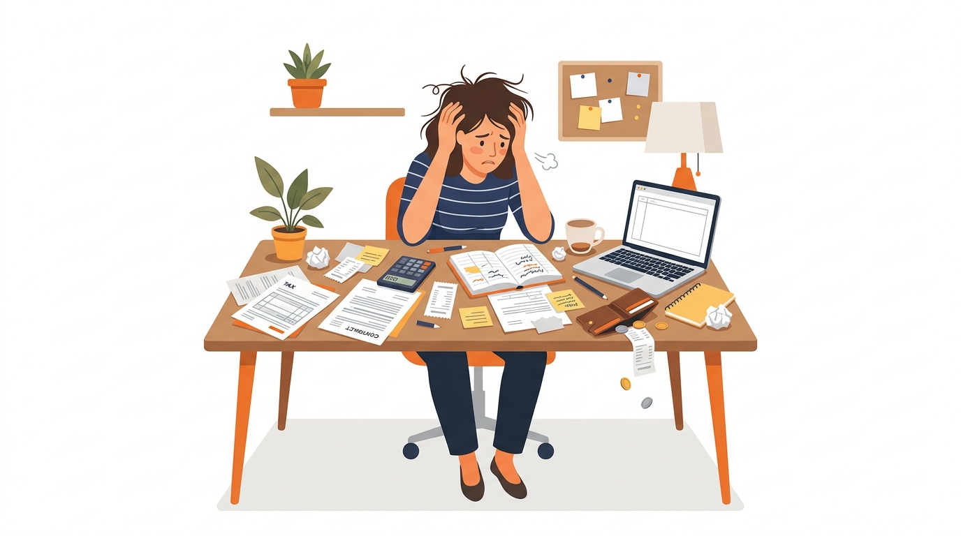 A frustrated person sitting at a desk surrounded by scattered documents, calculator, and an empty wallet, looking overwhelmed and stressed about starting freelance work
