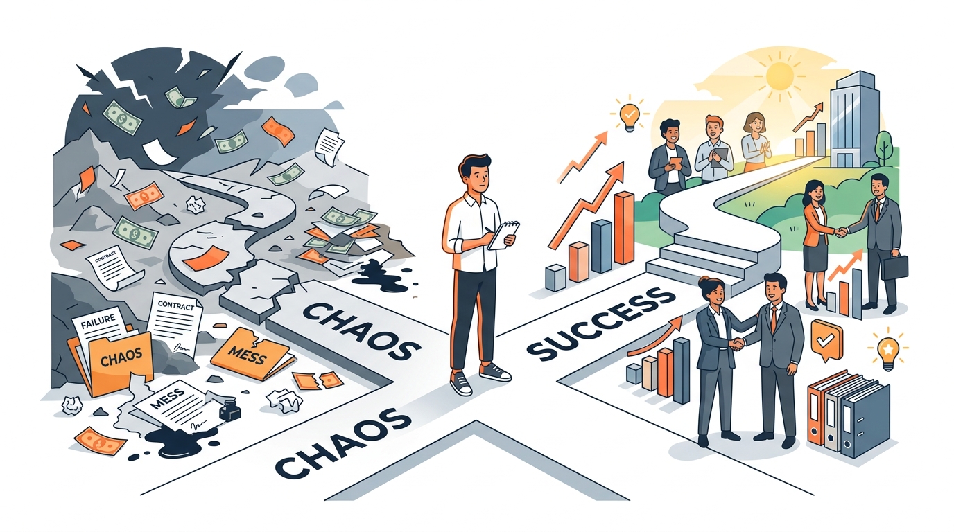 A person standing at a crossroads, one path leading to chaos with scattered money and broken contracts, the other path leading to organized success with charts going up and happy clients