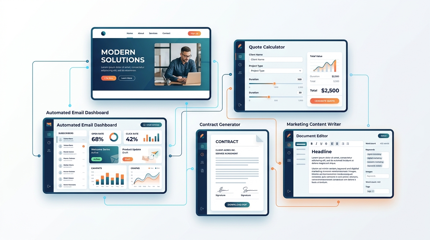 Five floating screens showing different business tools - a professional website, an automated email dashboard, a quote calculator, a contract generator, and a marketing content writer, all connected by glowing lines