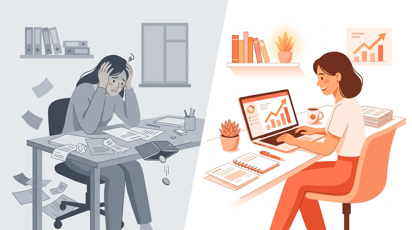 Split scene - left side showing a person stressed with scattered papers and empty wallet in gray tones, right side showing the same person confidently working with organized dashboard and growing income chart in warm orange tones