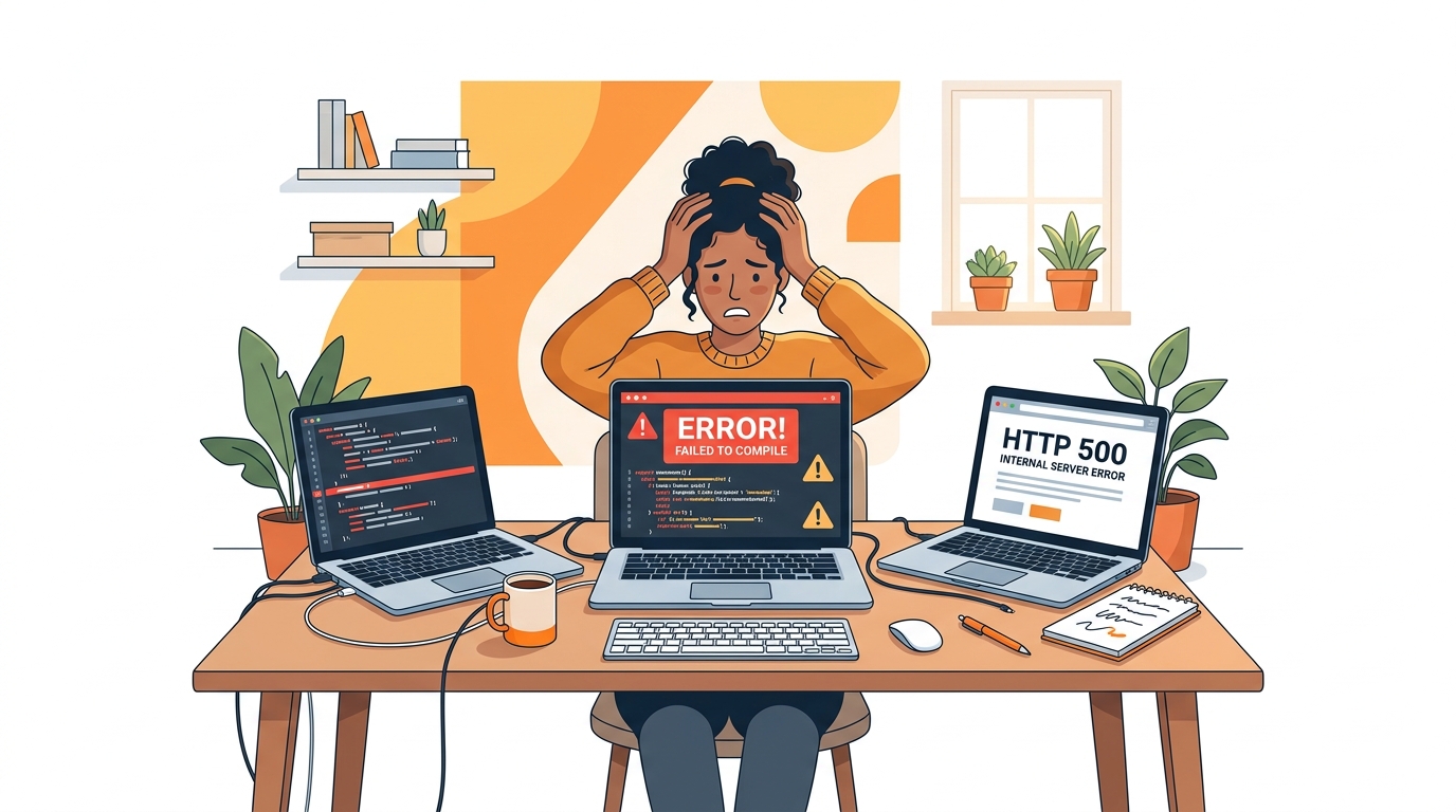 A frustrated person sitting at a desk surrounded by multiple laptop screens showing error messages and code, looking overwhelmed, warm orange tones in the background