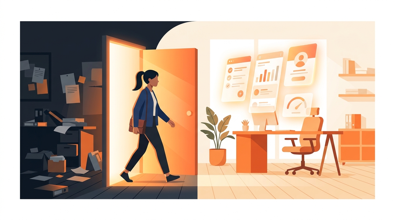 A person walking through a glowing doorway from a dark room full of scattered papers into a bright modern workspace with floating app screens, warm orange light streaming through