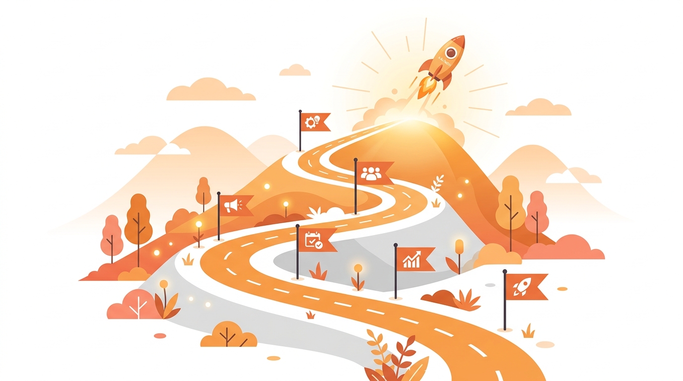 A winding path going uphill with six milestone flags, each showing a small app icon, leading to a glowing summit with a launched rocket, warm orange and amber tones