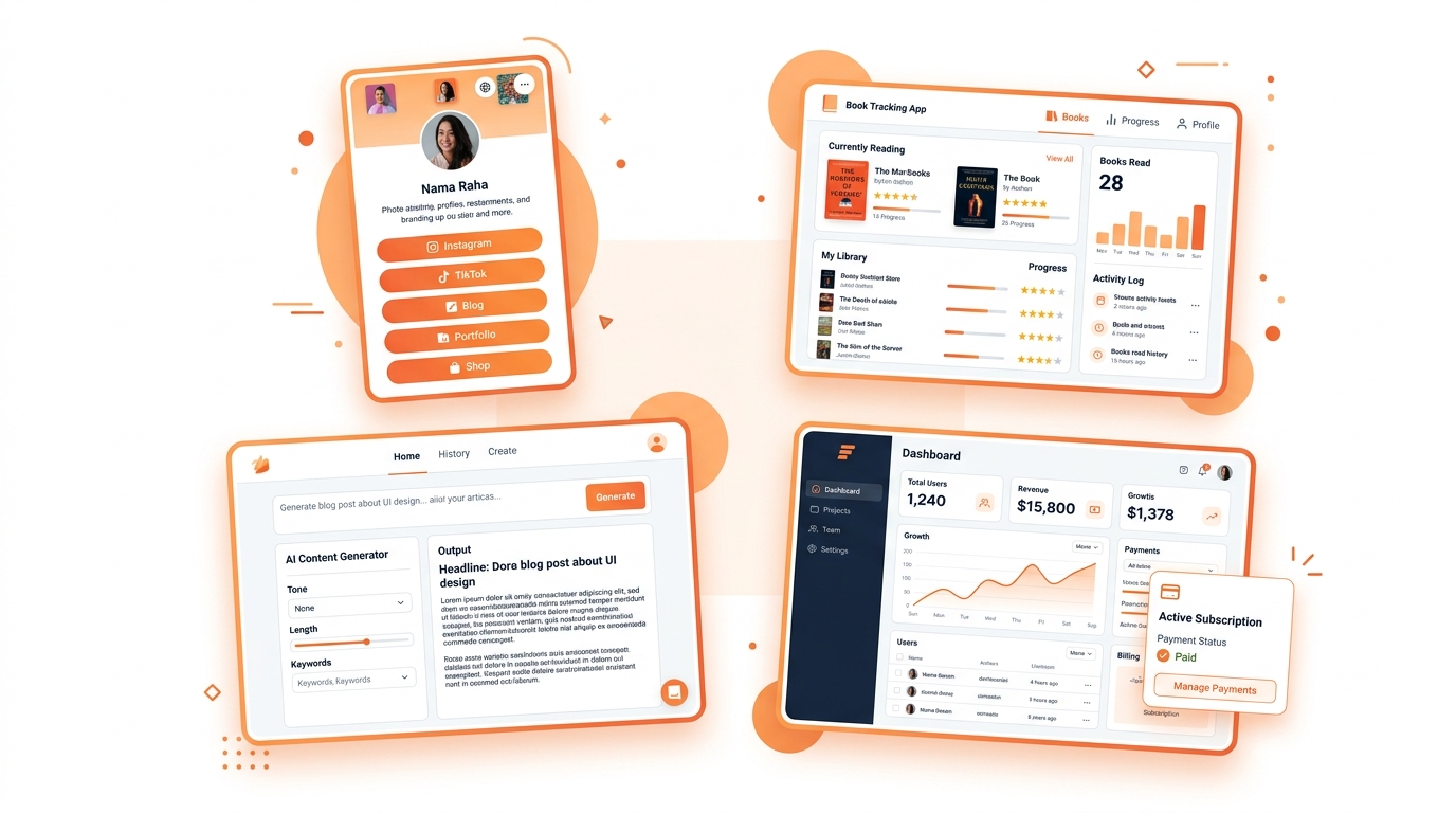 Four floating screens showing completed web apps - a link-in-bio page, a book tracking app, an AI content generator, and a SaaS dashboard with payment integration, warm orange accents