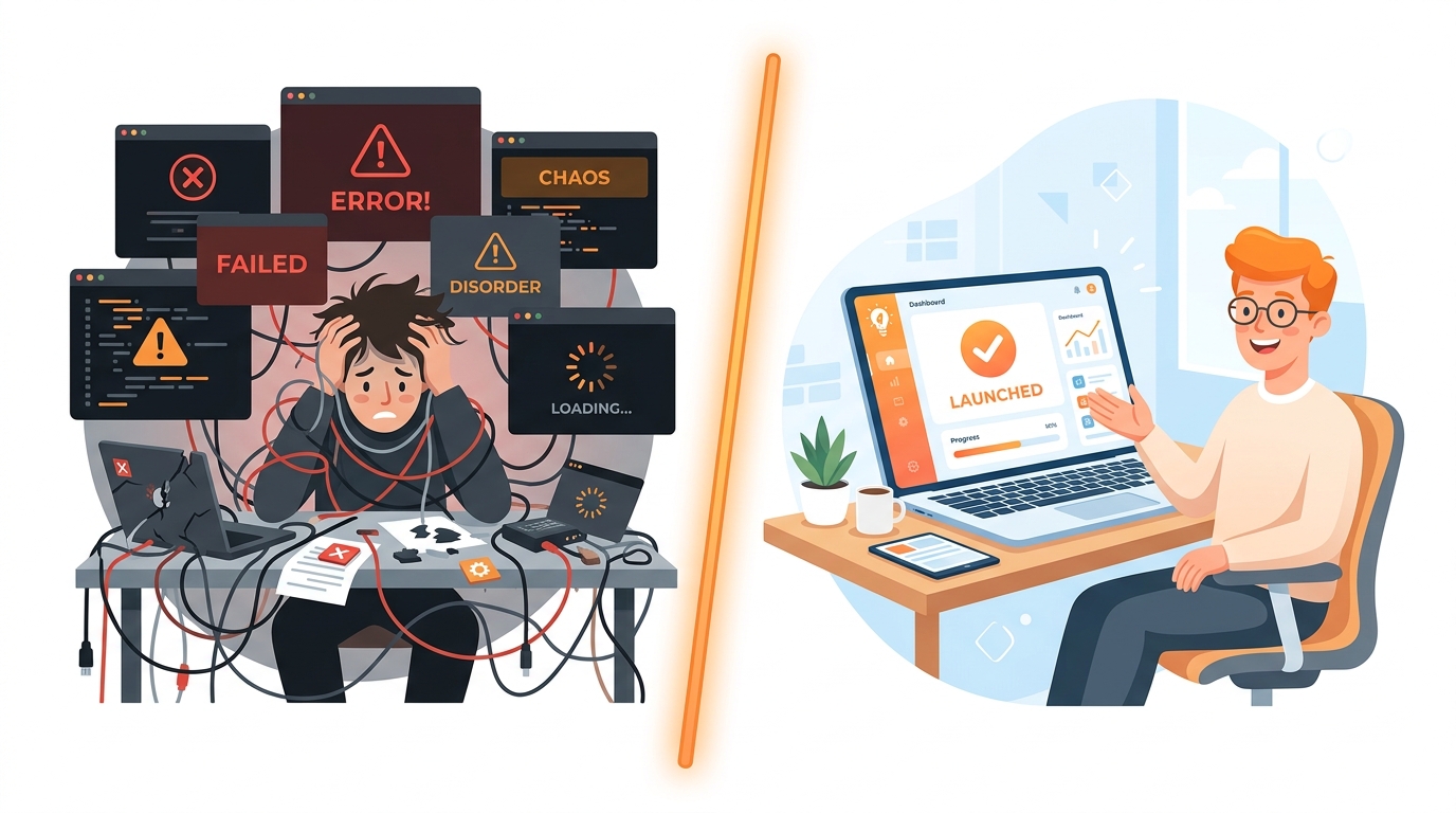 Split scene - left side dark and chaotic with tangled wires and error screens, right side bright and organized with a clean launched app on screen and happy user, warm orange dividing line