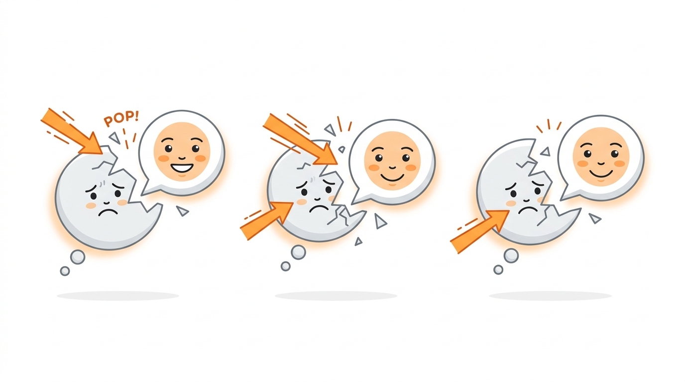 Three thought bubbles being popped by bright orange arrows, each bubble containing a worried face, transforming into confident smiling faces, clean minimal style