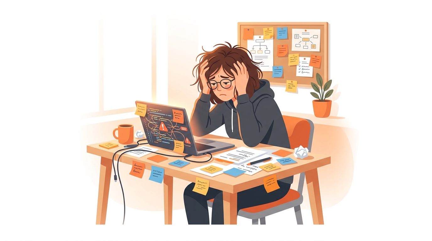 A frustrated person sitting at a desk surrounded by scattered sticky notes and tangled code on a laptop screen, looking overwhelmed, warm orange ambient lighting