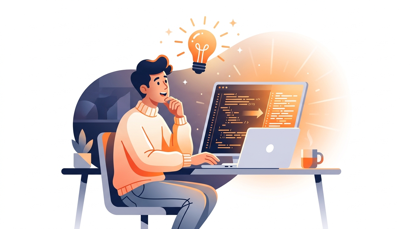 A person having a lightbulb moment while looking at a laptop screen showing AI generating code, transitioning from darkness to bright warm orange light