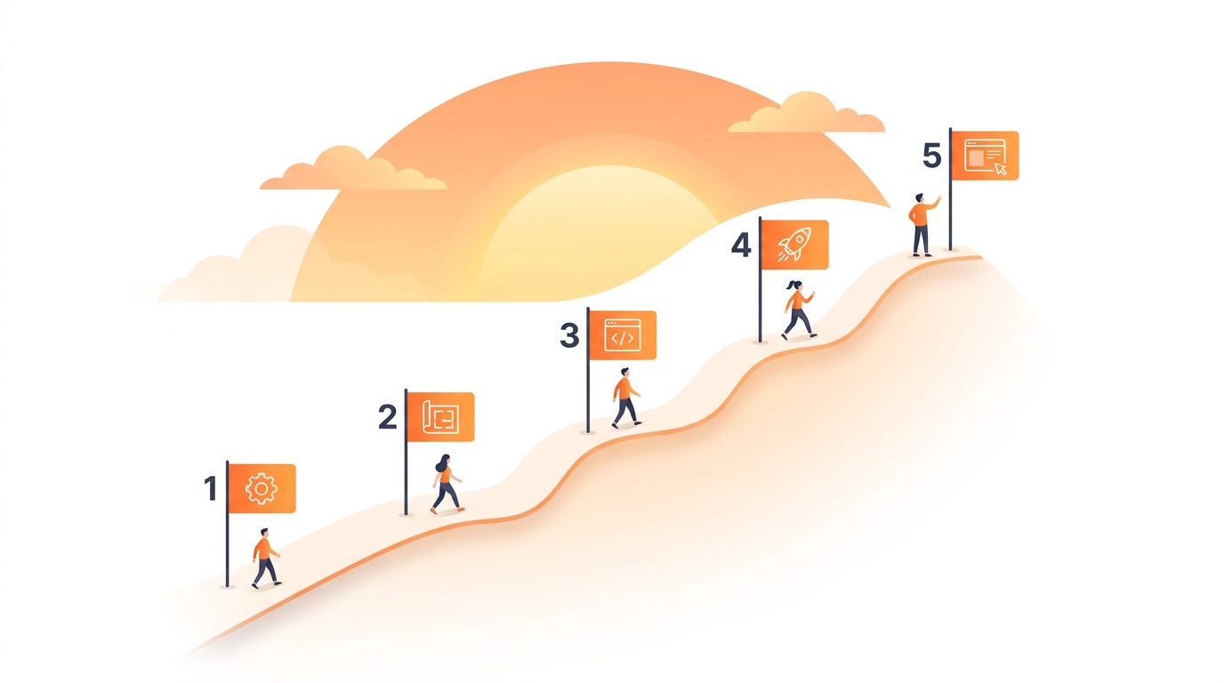 A winding path going upward with five milestone flags, each step showing progress from setup to deployment, warm orange gradient sky in background