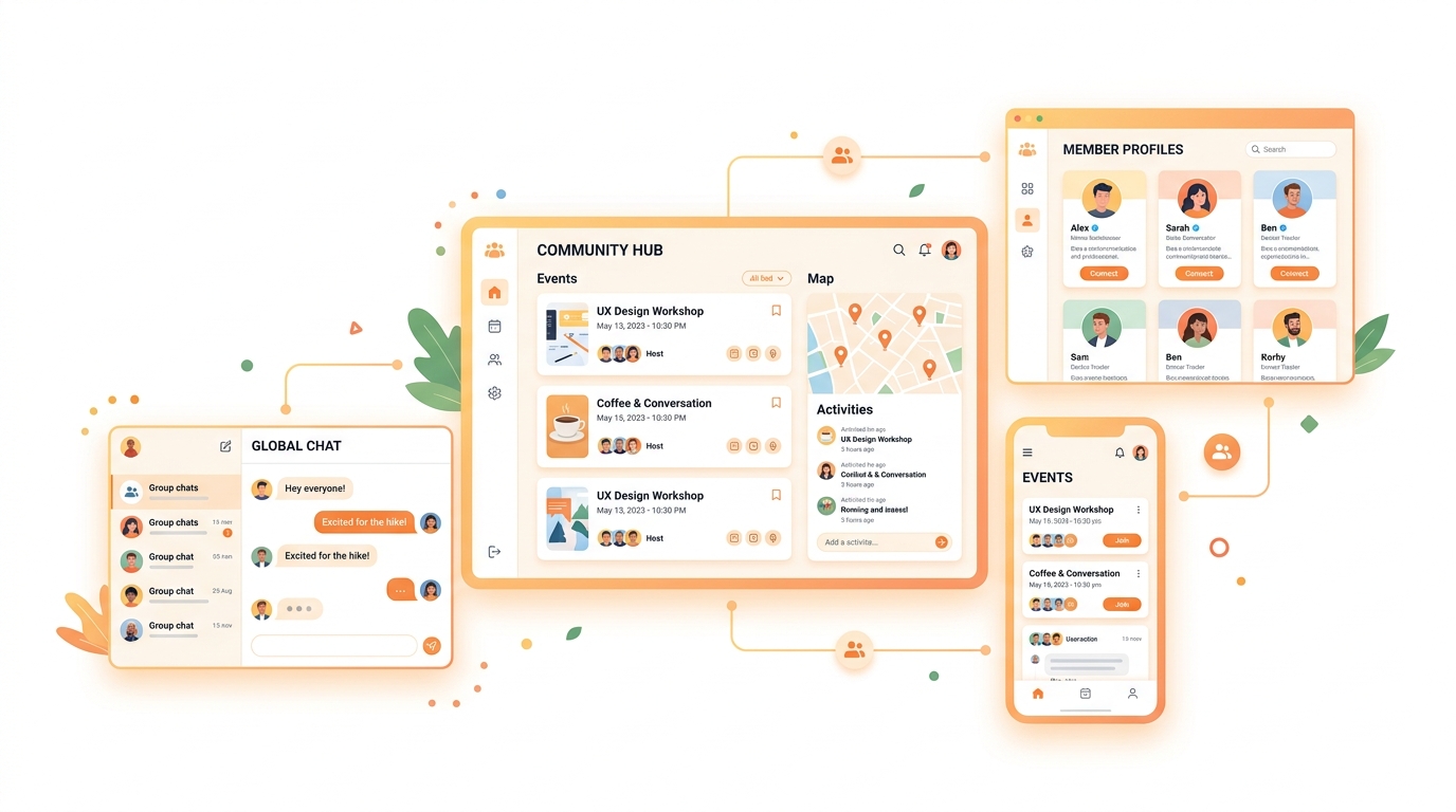Multiple floating screens showing a completed community meetup platform with user profiles, event listings, chat interface, and mobile responsive views