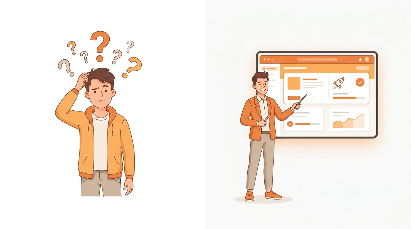 Split scene showing a confused person with question marks on the left transforming into a confident person presenting a completed web app on a large screen on the right, warm orange tones