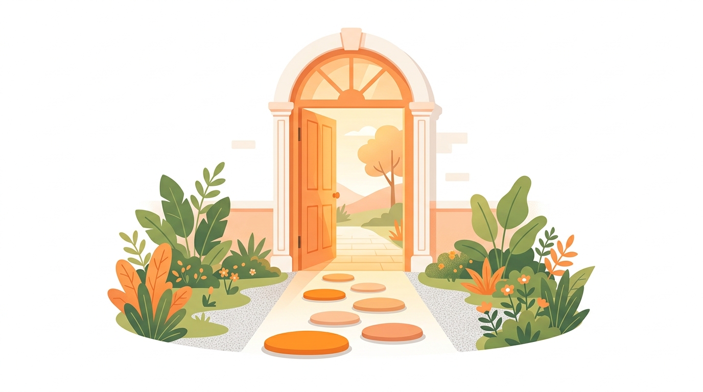 A welcoming open door with warm orange light streaming through, showing a clear easy path forward with stepping stones, inviting and low barrier