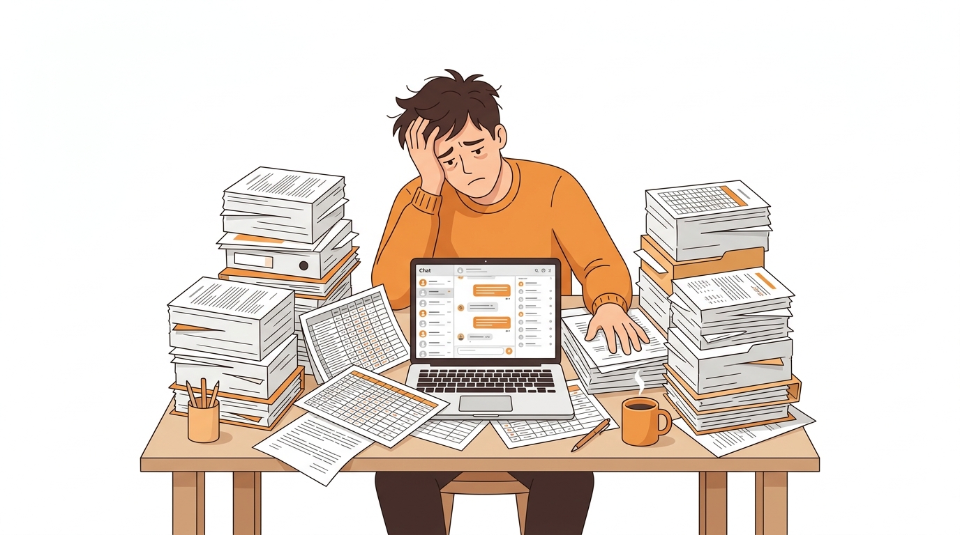 A person overwhelmed at a desk with piles of repetitive documents, spreadsheets, and a laptop showing a chat window, looking frustrated and tired from manual work