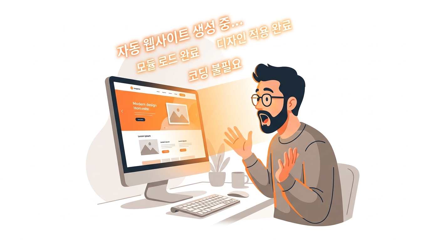 A developer looking amazed at a computer screen showing a complete website being built automatically, with Korean text commands floating above, representing the moment of realization that coding is no longer required