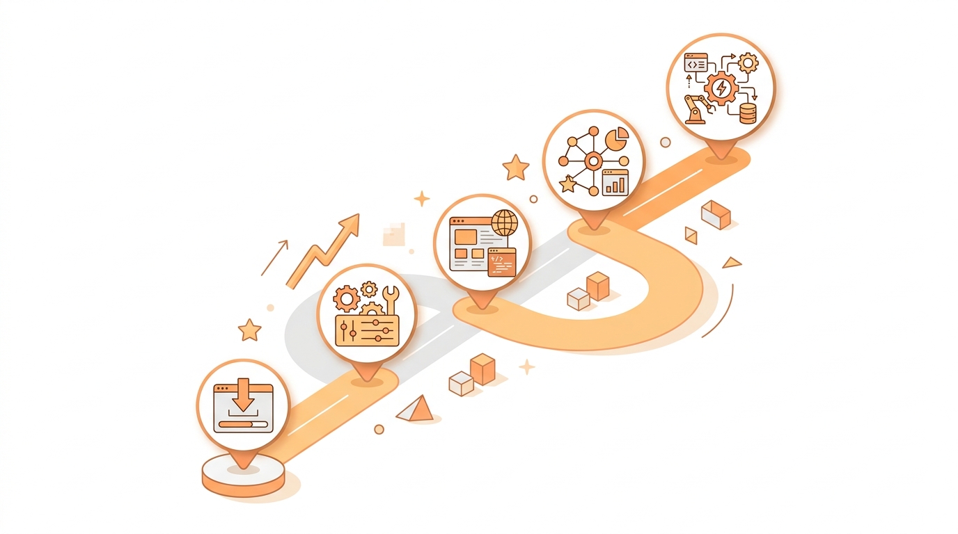 A winding upward learning path with five milestone markers, starting from installing software at the bottom, progressing through customization, building websites, advanced features, to automation mastery at the top