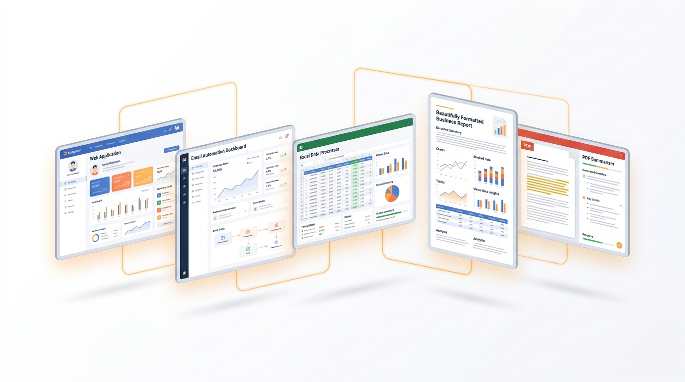 Multiple floating screens showing completed projects - a web application, an email automation dashboard, an Excel data processor, a report generator, and a PDF summarizer, all connected by glowing lines on a clean background