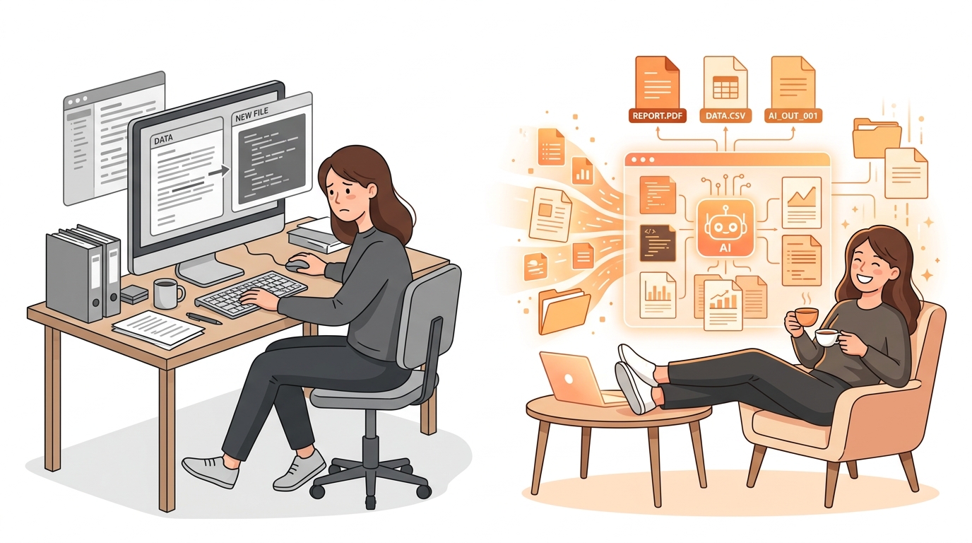 Split scene - left side showing a person manually copying and pasting between windows in gray tones, right side showing the same person relaxing while AI automatically creates files and processes data in warm orange tones