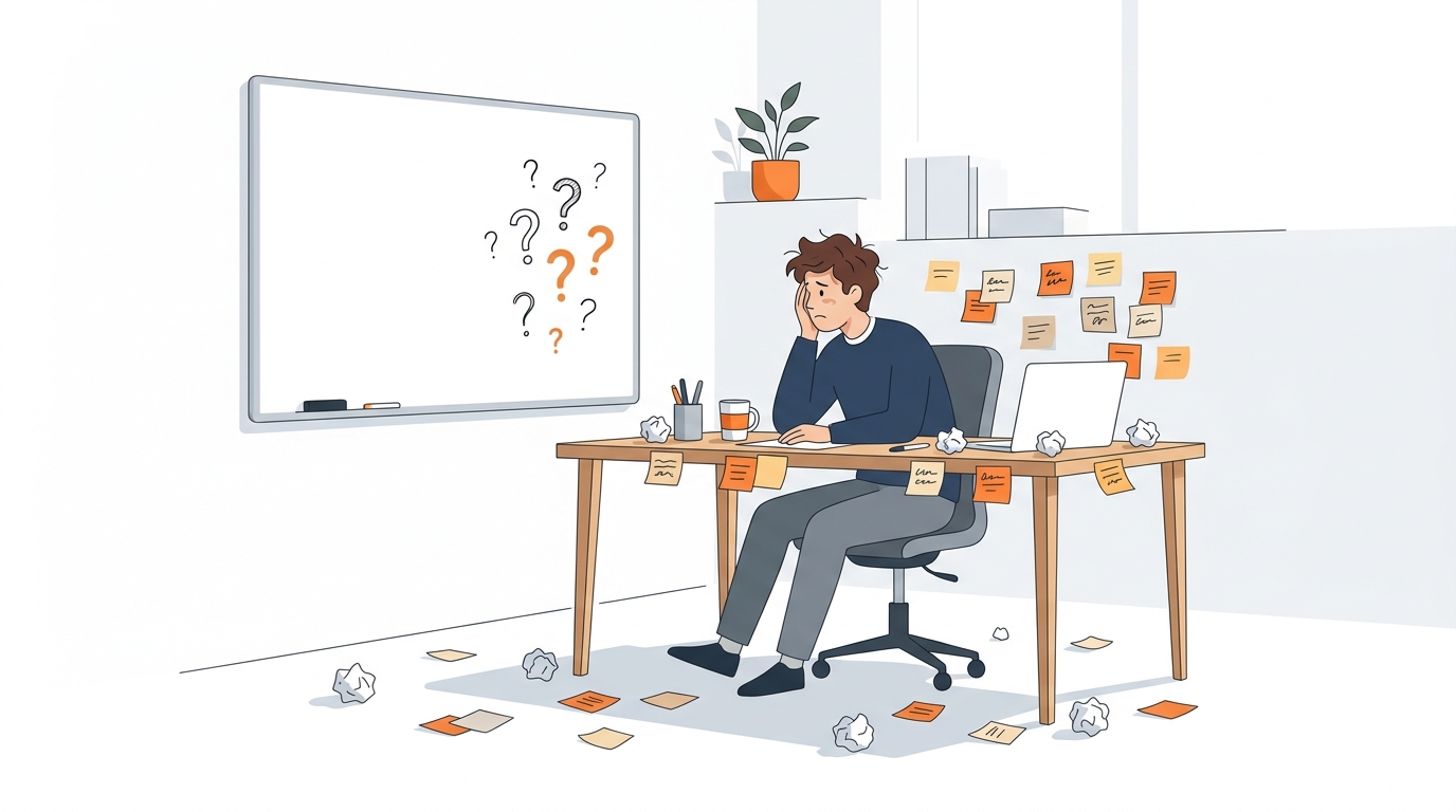 A person sitting alone at a desk surrounded by crumpled paper and sticky notes, looking frustrated while staring at a blank whiteboard with question marks, warm orange ambient lighting