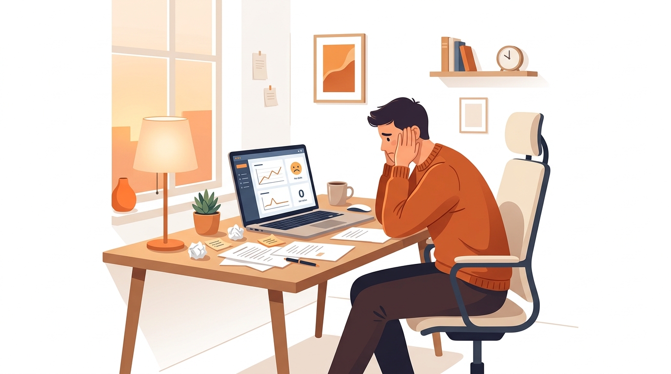 A solo entrepreneur sitting at a desk looking frustrated, staring at a laptop screen showing zero sales and empty analytics charts, warm orange ambient lighting, papers scattered around