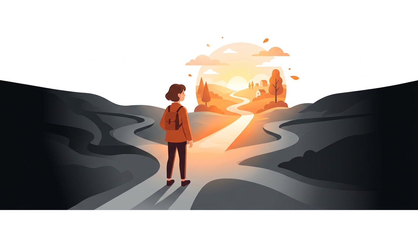 A person standing at a crossroads with many paths, one path lit brightly leading forward while others fade into darkness, symbolizing finding clarity among many choices, warm orange tones