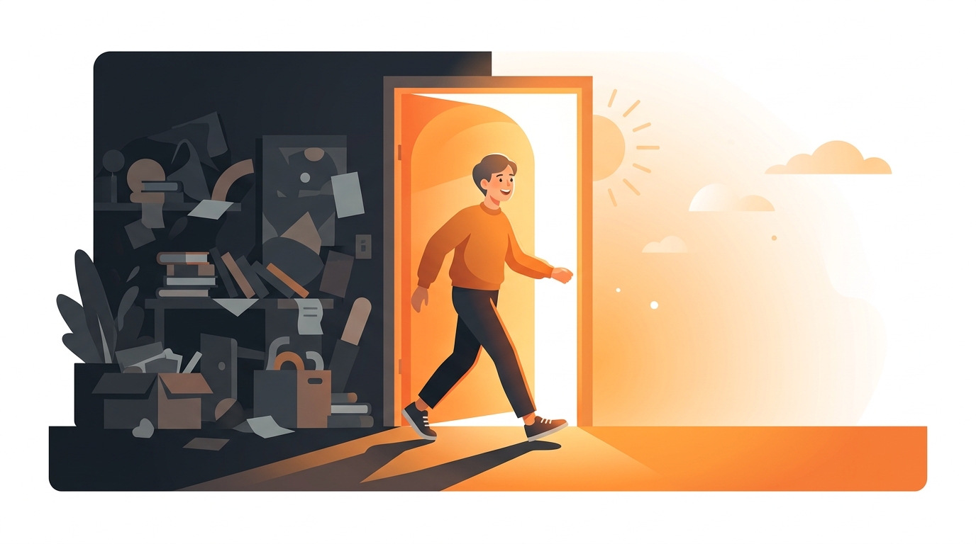 A person stepping through a doorway from a dark cluttered room into bright warm orange sunlight, symbolizing a breakthrough moment of realization, hopeful atmosphere