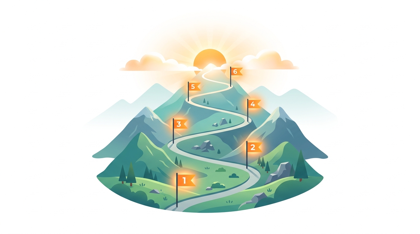 A winding mountain trail with six milestone flags along the path, each glowing with warm orange light, leading from a valley to a summit with a bright sunrise, symbolizing a learning journey