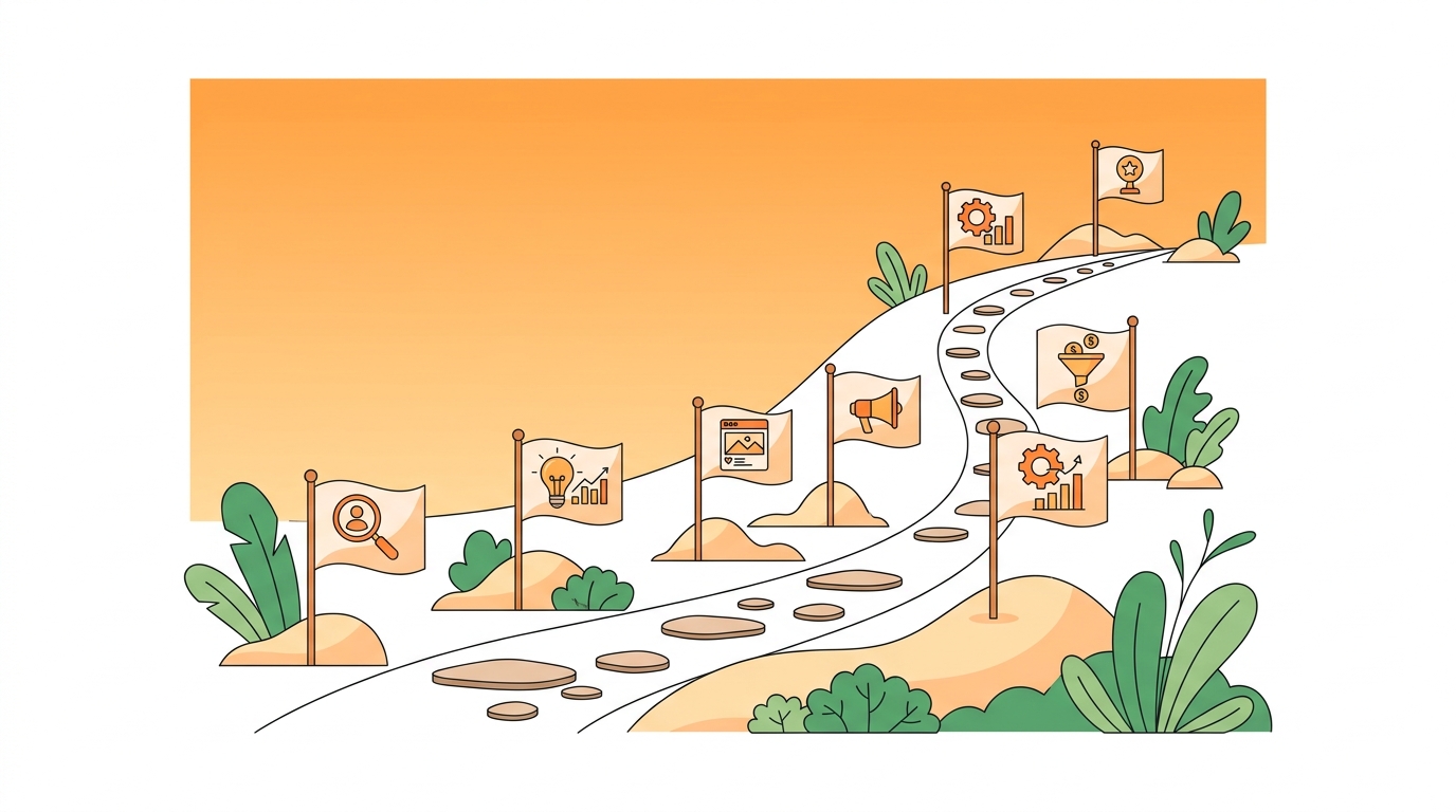 A winding path with seven milestone flags going upward from left to right, each flag representing a step in a marketing learning journey, warm orange gradient sky background