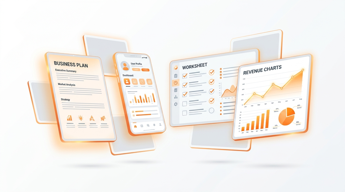 Multiple floating screens showing a business plan document, a prototype app interface, a worksheet with checkmarks, and revenue charts, all glowing with warm orange highlights against a clean white background