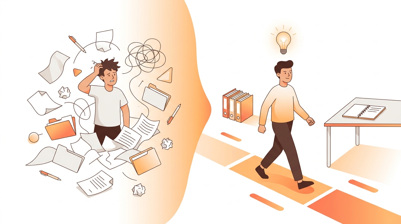 Split scene showing chaos and confusion with scattered papers on the left transforming into organized clarity with a glowing lightbulb and clear path on the right, warm orange gradient transition in the middle