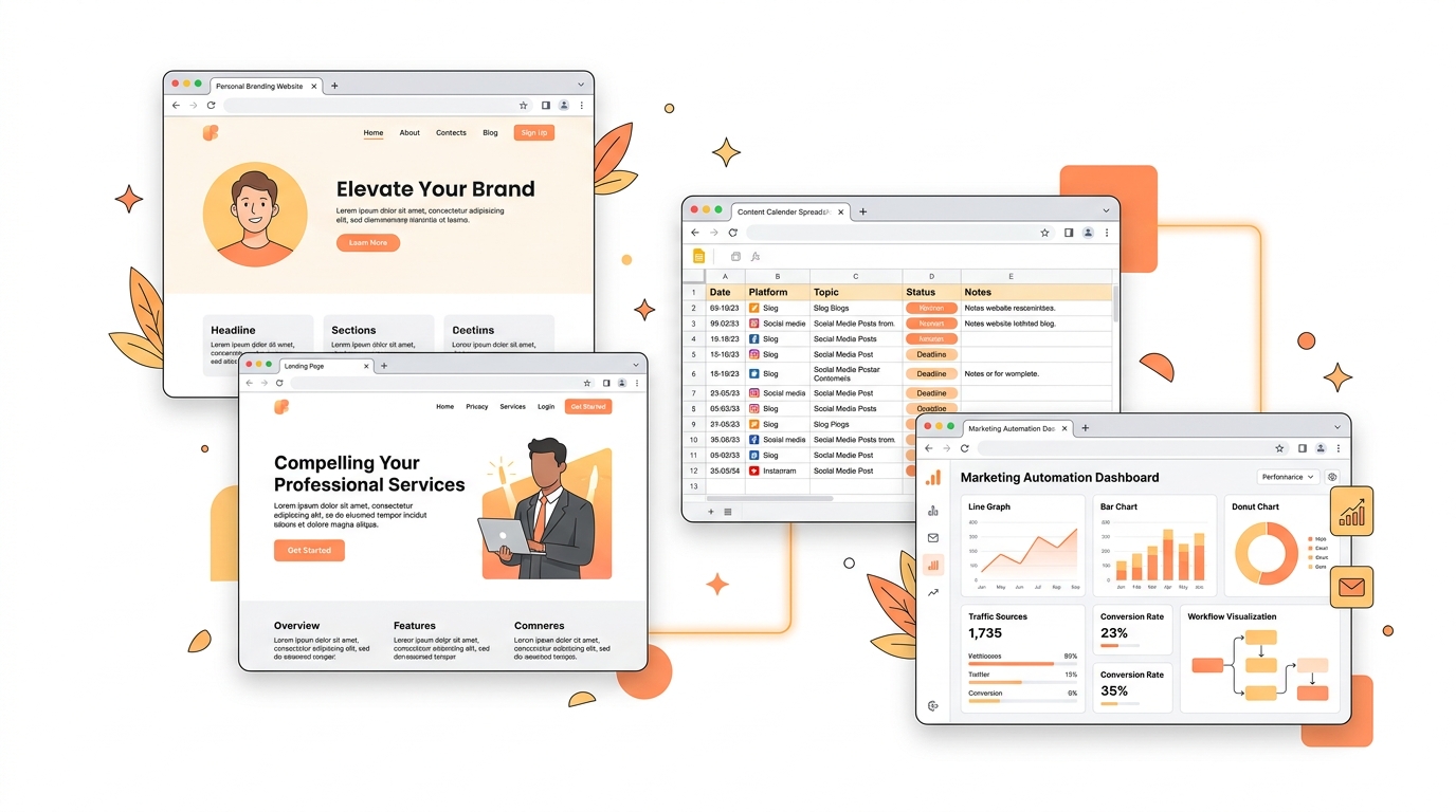 Multiple floating browser windows showing a personal branding website, landing page, content calendar spreadsheet, and marketing automation dashboard, arranged in a clean composition with warm orange accents