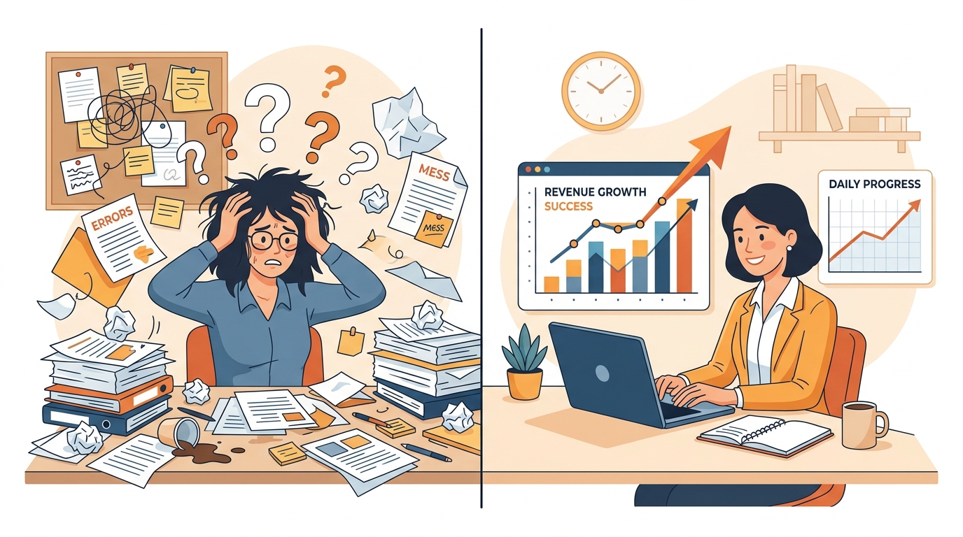 Split scene showing chaos and confusion on the left side with scattered papers and question marks, and organized success on the right side with a clean dashboard showing rising revenue charts, warm orange tones