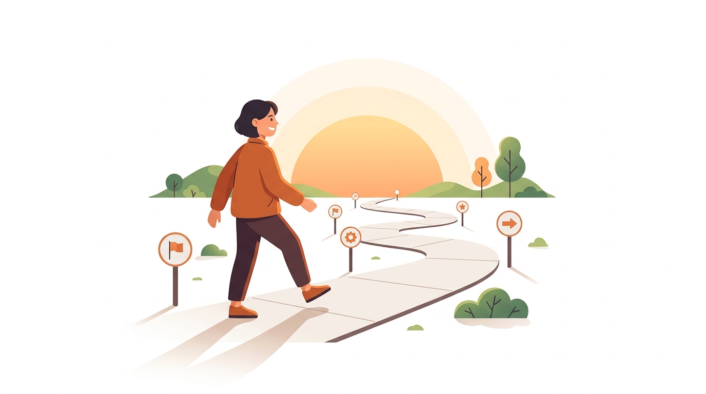 A person confidently taking a first step onto a well-lit path with signposts showing progress milestones, warm orange sunrise in the background, welcoming and safe atmosphere