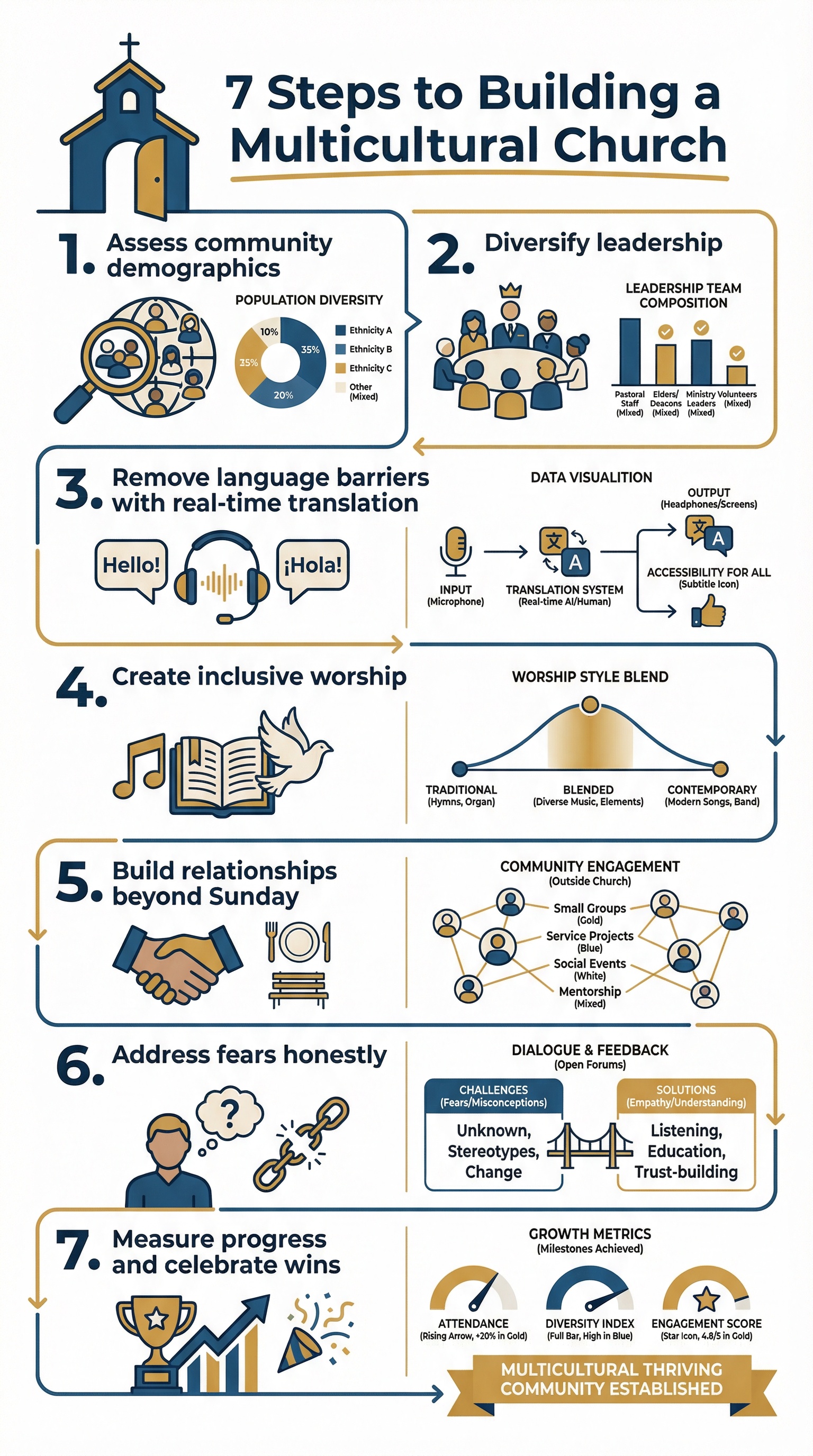 Infographic showing 7 steps to building a multicultural church with real-time translation