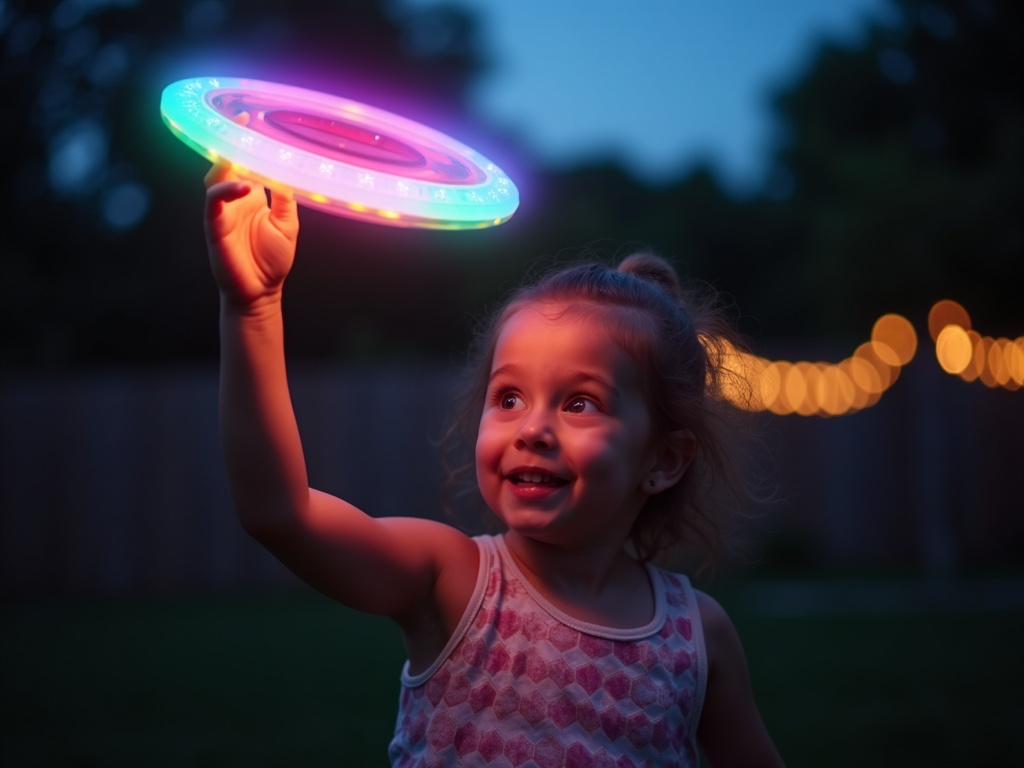 Niños jugando entusiasmados con el TOSY Flying Ring iluminado al atardecer