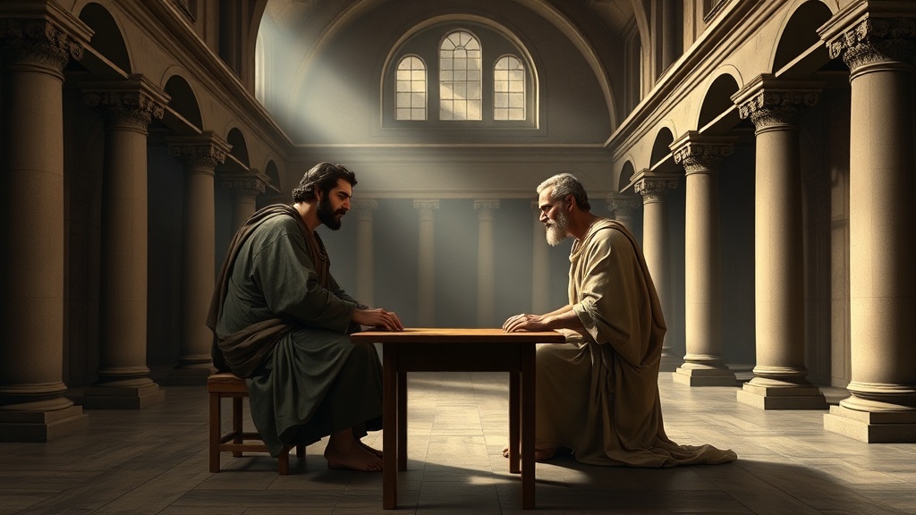 Allegorical scene of two figures at a table making a choice