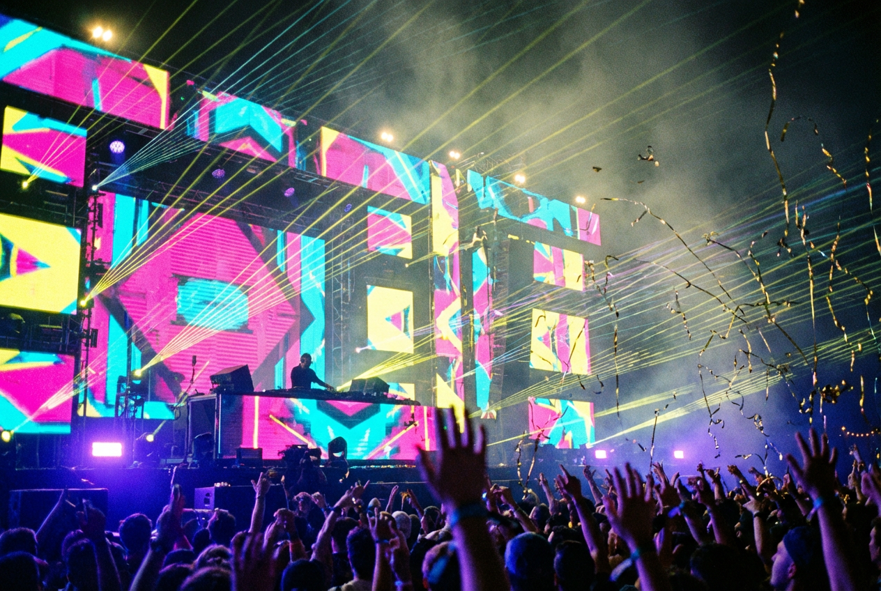 AI music video template showing a massive EDM festival mainstage