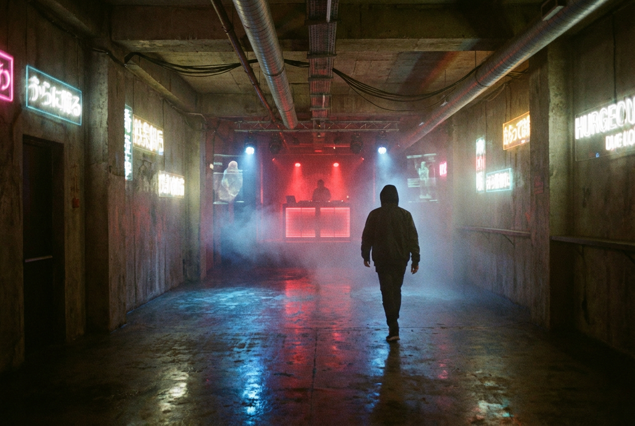 AI music video template showing a cyberpunk underground club scene