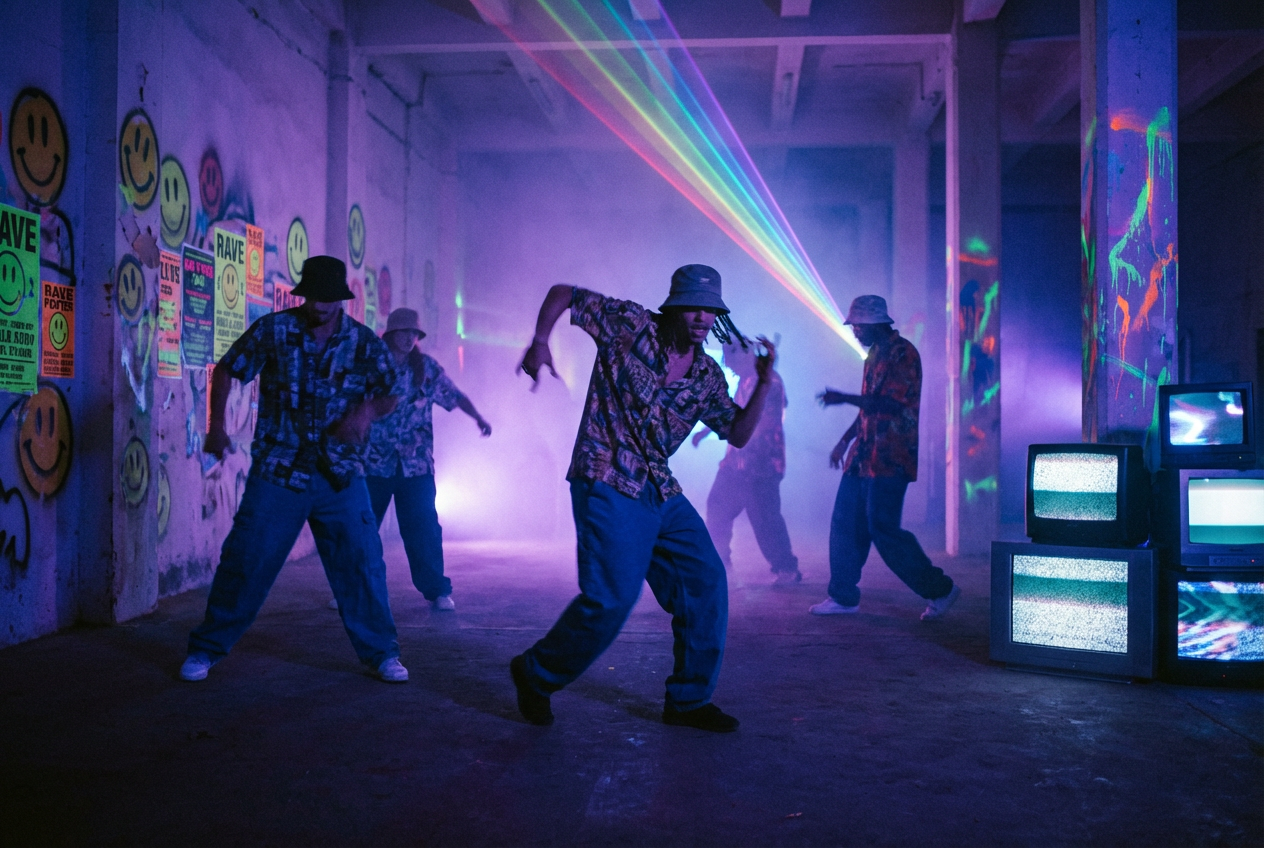 AI music video template showing retro rave and Y2K aesthetic visuals