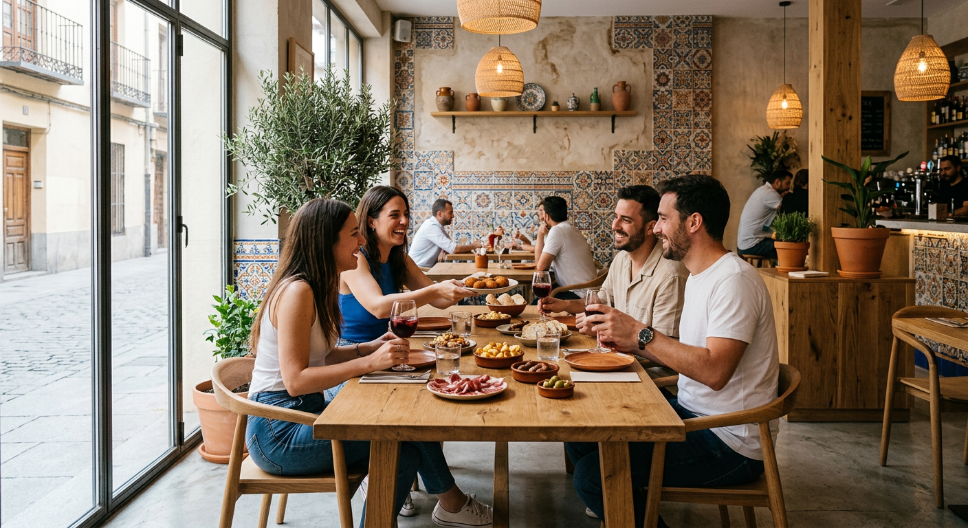 Photorealistic mid-shot of a modern restaurant interior in Talavera featuring a clean ceramic-accent wall, a small group o...