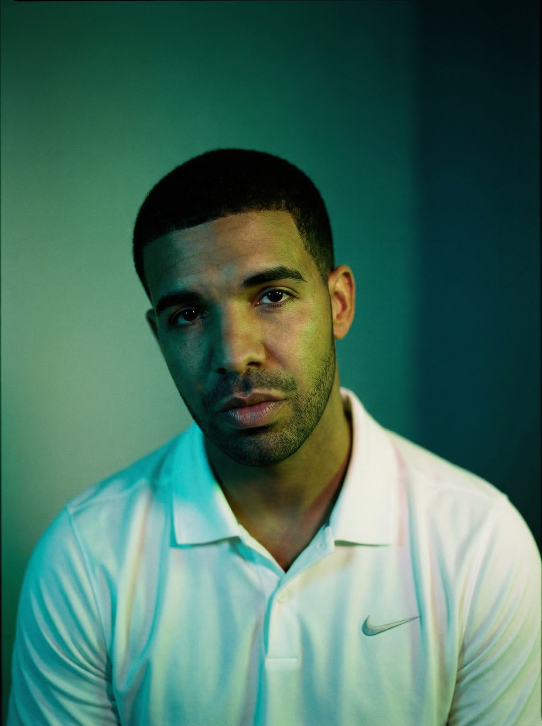 Close-up with shifting green and teal light wash