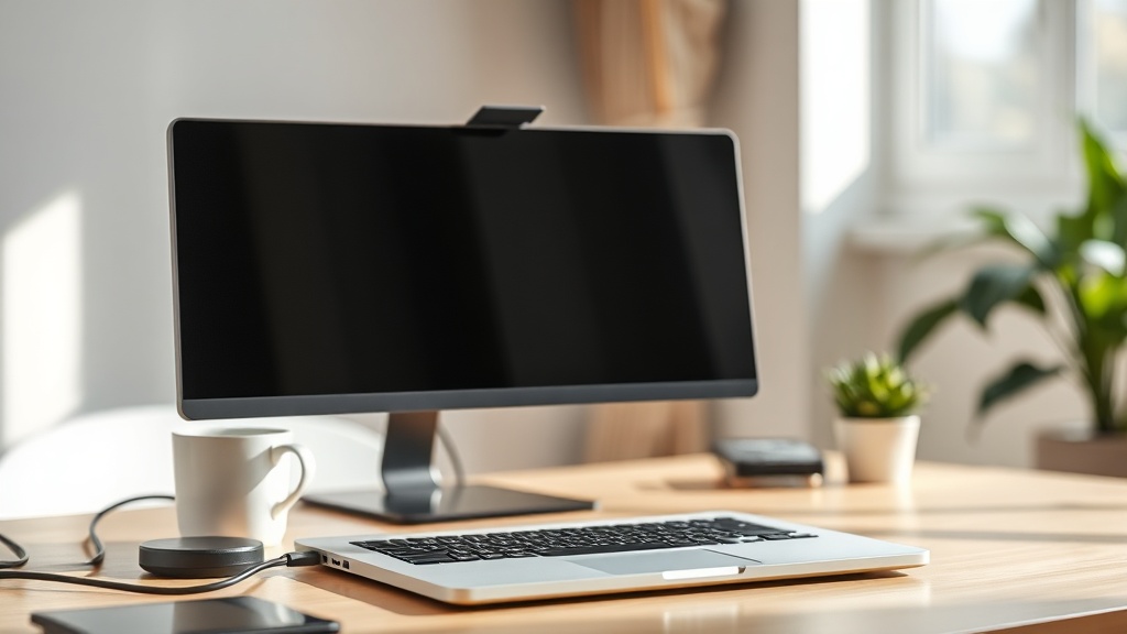 Close-up of energy-efficient laptop and monitor setup with LED lighting, solar charger, and indoor plant in a sustainable home office