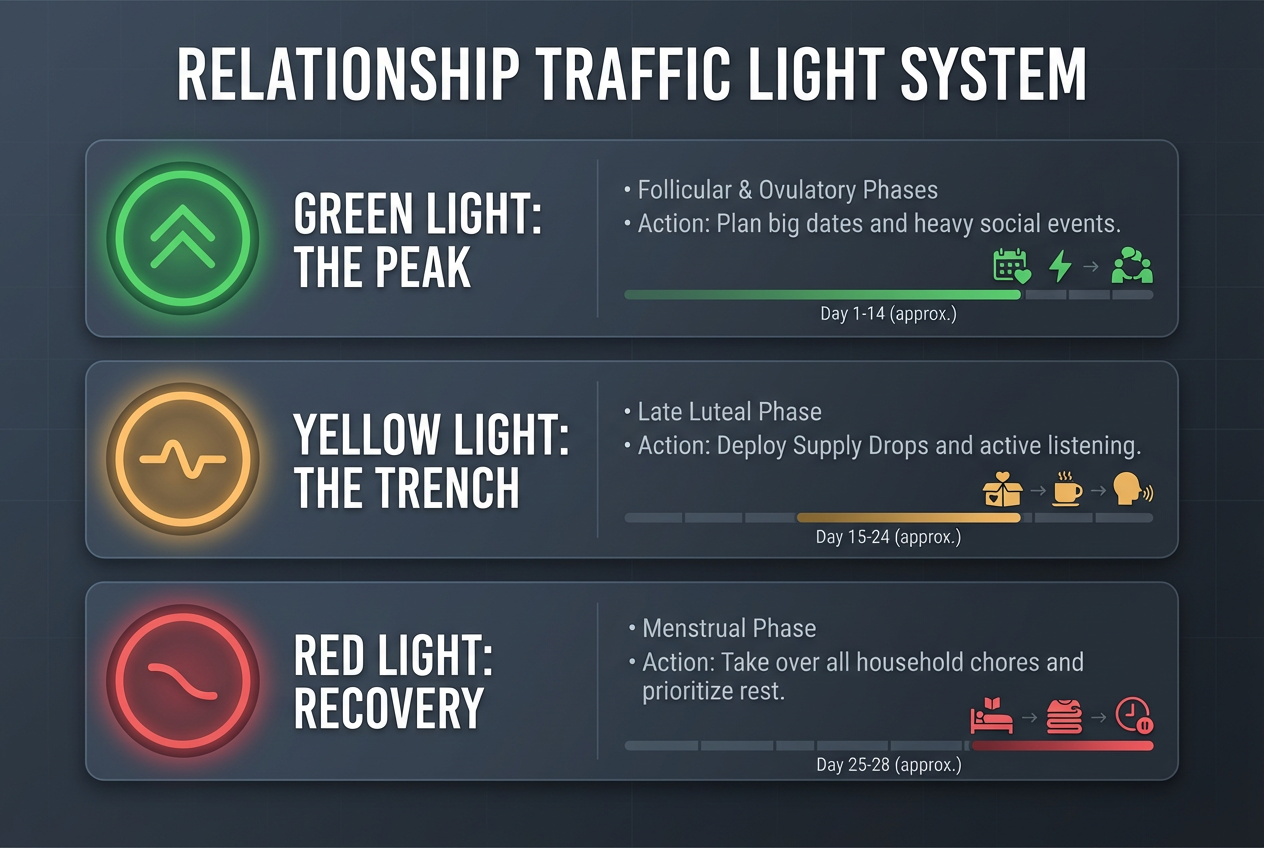 A tactical traffic light guide for boyfriends showing green, yellow, and red zones to navigate a partner's menstrual cycle phases and moods.