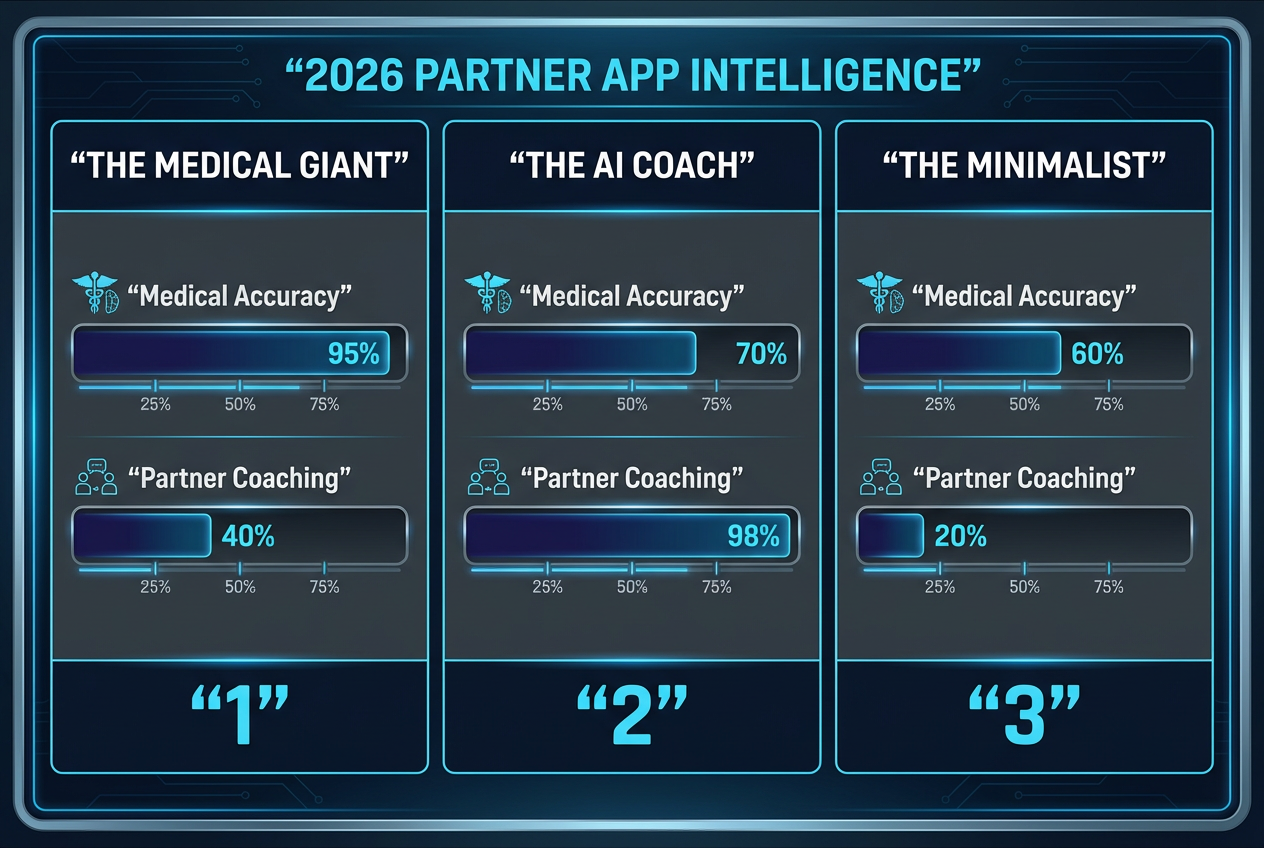 Comparison chart of period tracker apps for boyfriends, measuring medical accuracy and partner coaching features for Flo, VibeCheck, and Mayday.