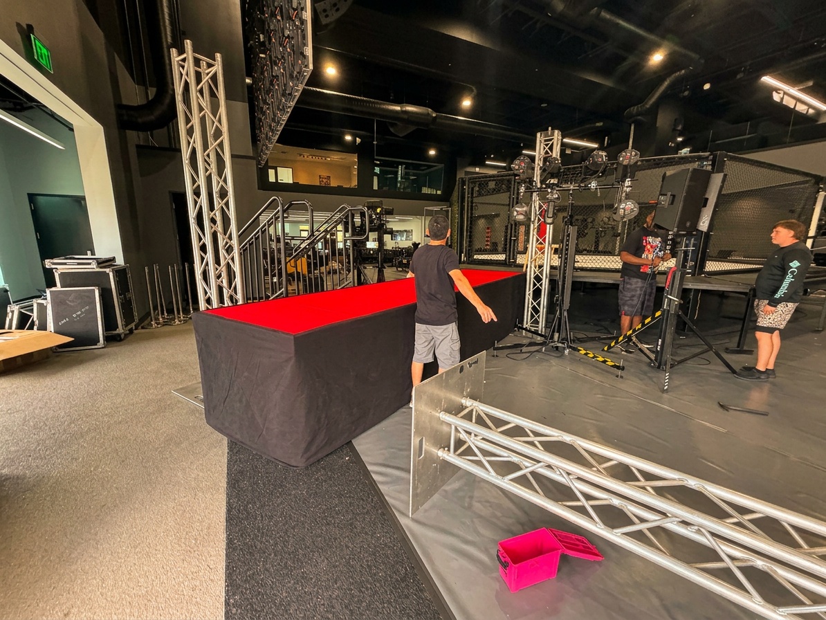 Overhead diagram showing stage depth zones - equipment area, performer area, safety margin at front